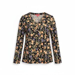 Vince Camuto Floral Print Womens Blouse L Black Multicolor Polyester 3/4 Sleeve